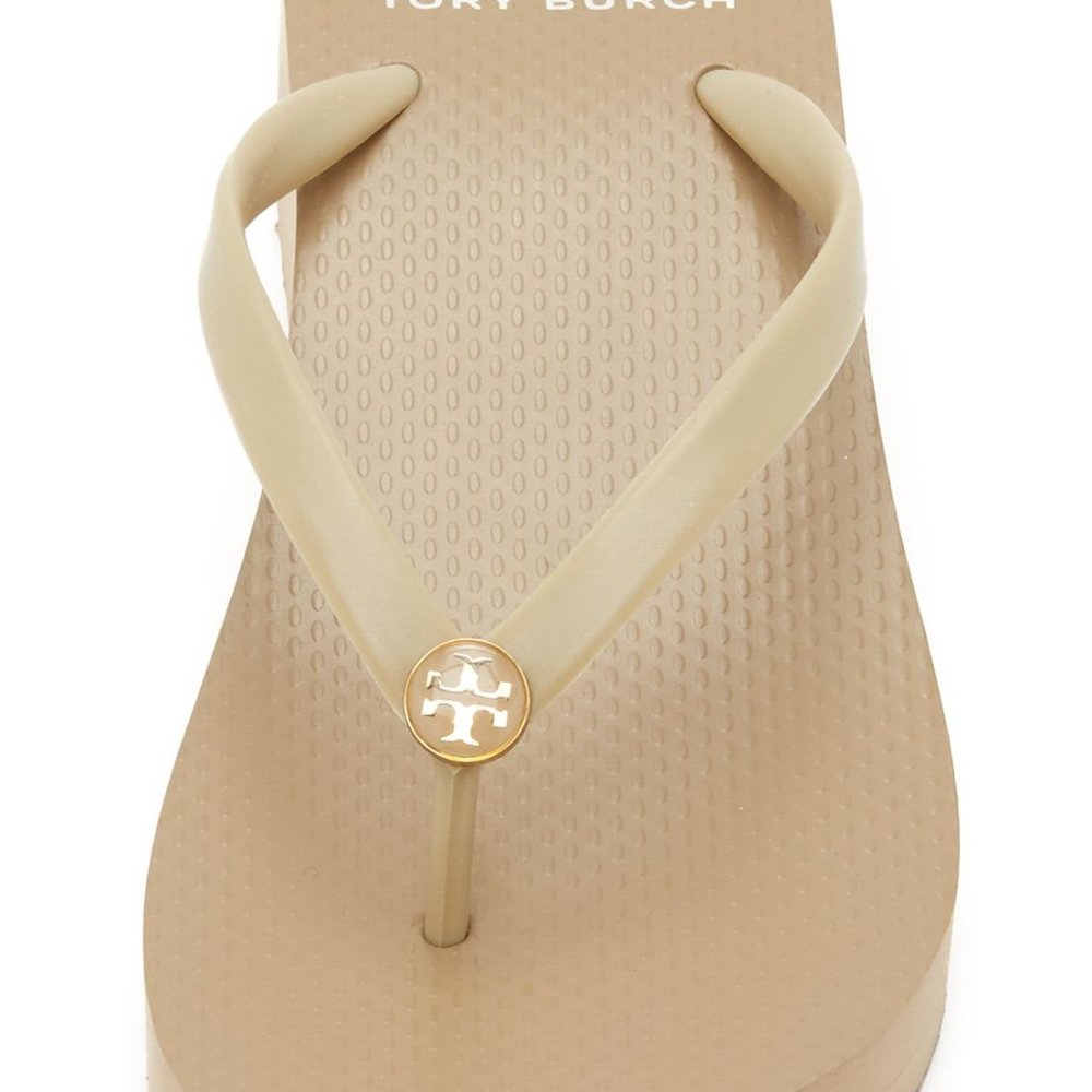 Tory Burch Wedge Cut-Out Rubber Flip-Flops, Size 7, Khaki